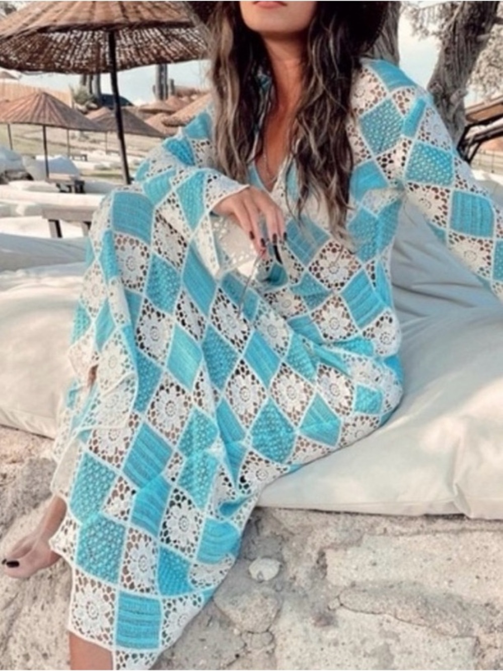 Zara blue and White Crochet Maxi Cover-Up